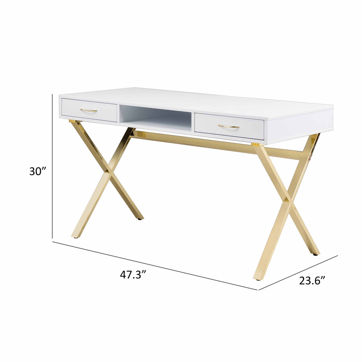 Gracie 47 Inch Desk White Rectangular Top 2 Drawers Gold Metal Legs By Casagear Home BM312270