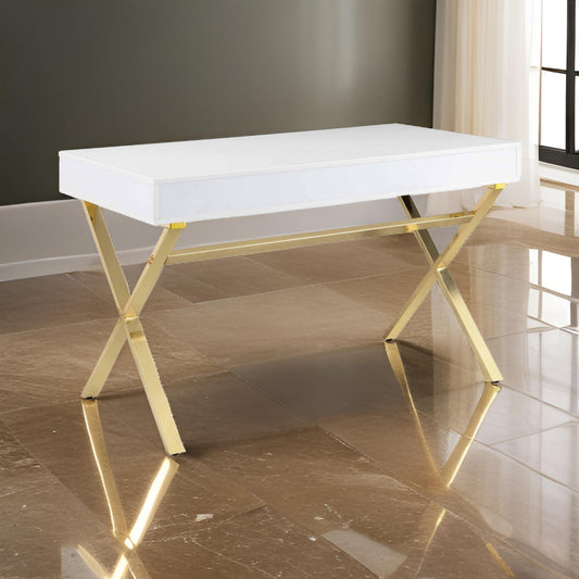 Gracie 47 Inch Desk, White Rectangular Top, 2 Drawers, Gold Metal Legs By Casagear Home