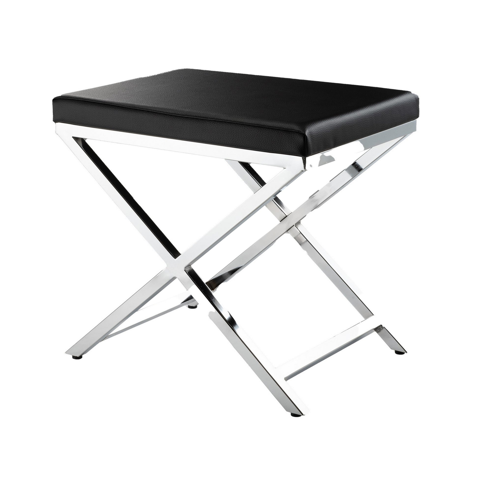 Myra 21 Inch Accent Stool Black Faux Leather Chrome Finished Cross Legs By Casagear Home BM312276