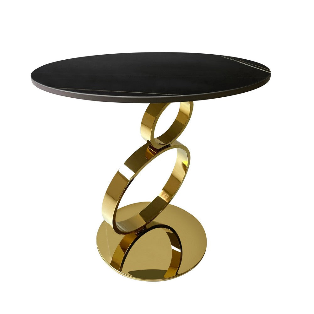 Tiyo 22 Inch Accent End Table Round Sintered Stone Top Black Gold Steel By Casagear Home BM312279