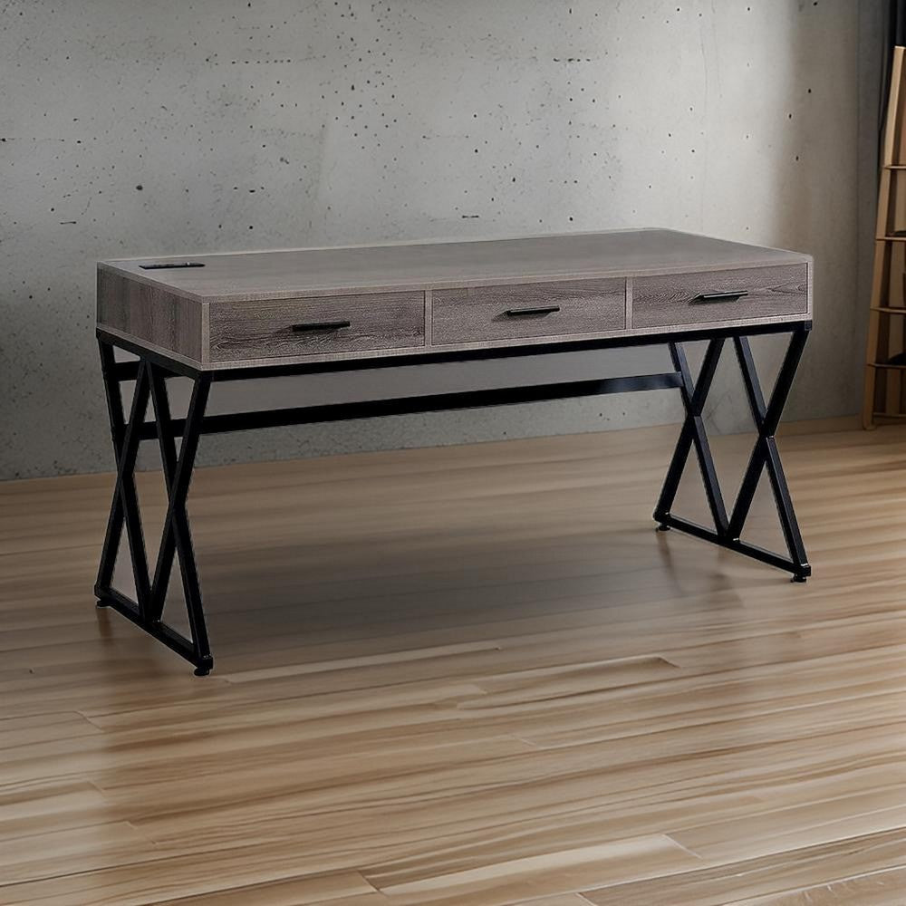 Gia 59 Inch Writing Desk 3 Drawers USB and Power Outlet Gray Sand Black By Casagear Home BM312286