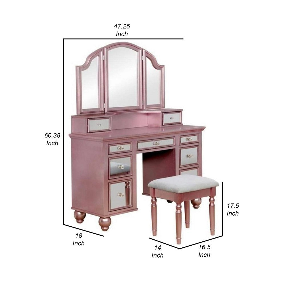 Cole 60 Inch Vanity Desk with Stool Drawers 3 Panel Mirror Pink Wood By Casagear Home BM312289