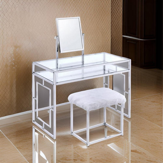 42 Inch Vanity Desk with Faux Fur Stool, Mirror, Glam Chrome Metal Frame By Casagear Home