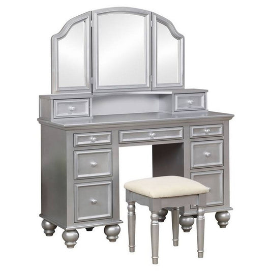 Cael 60 Inch Vanity Desk with Stool, Drawers, 3 Sided Mirror, Silver Wood By Casagear Home