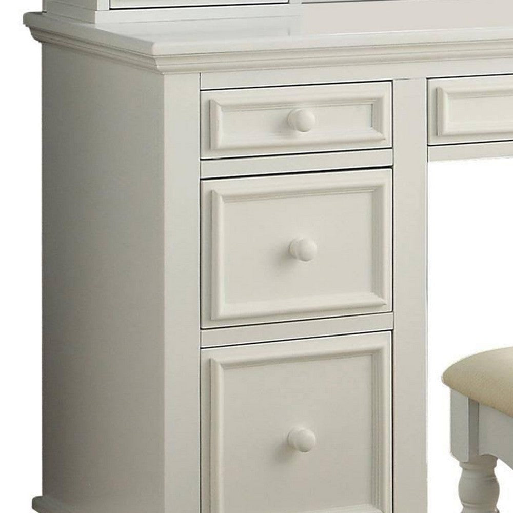 Cael 60 Inch Vanity Desk with Stool Drawers 3 Sided Mirror White Wood By Casagear Home BM312295