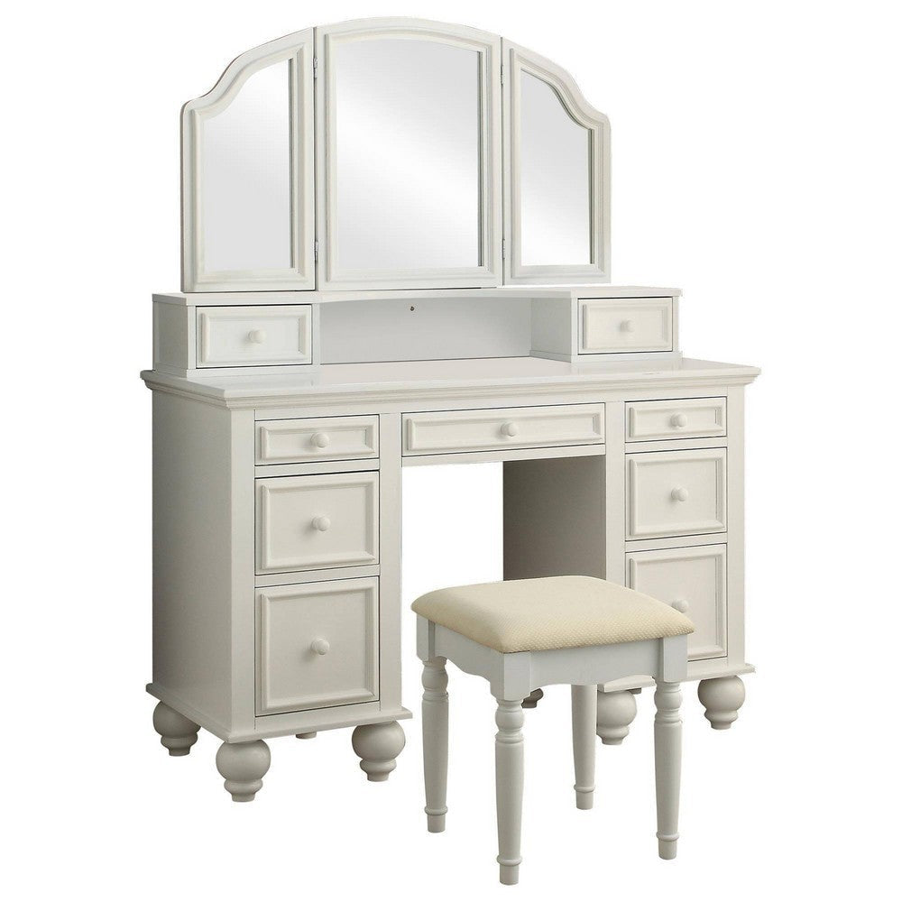 Cael 60 Inch Vanity Desk with Stool, Drawers, 3 Sided Mirror, White Wood By Casagear Home