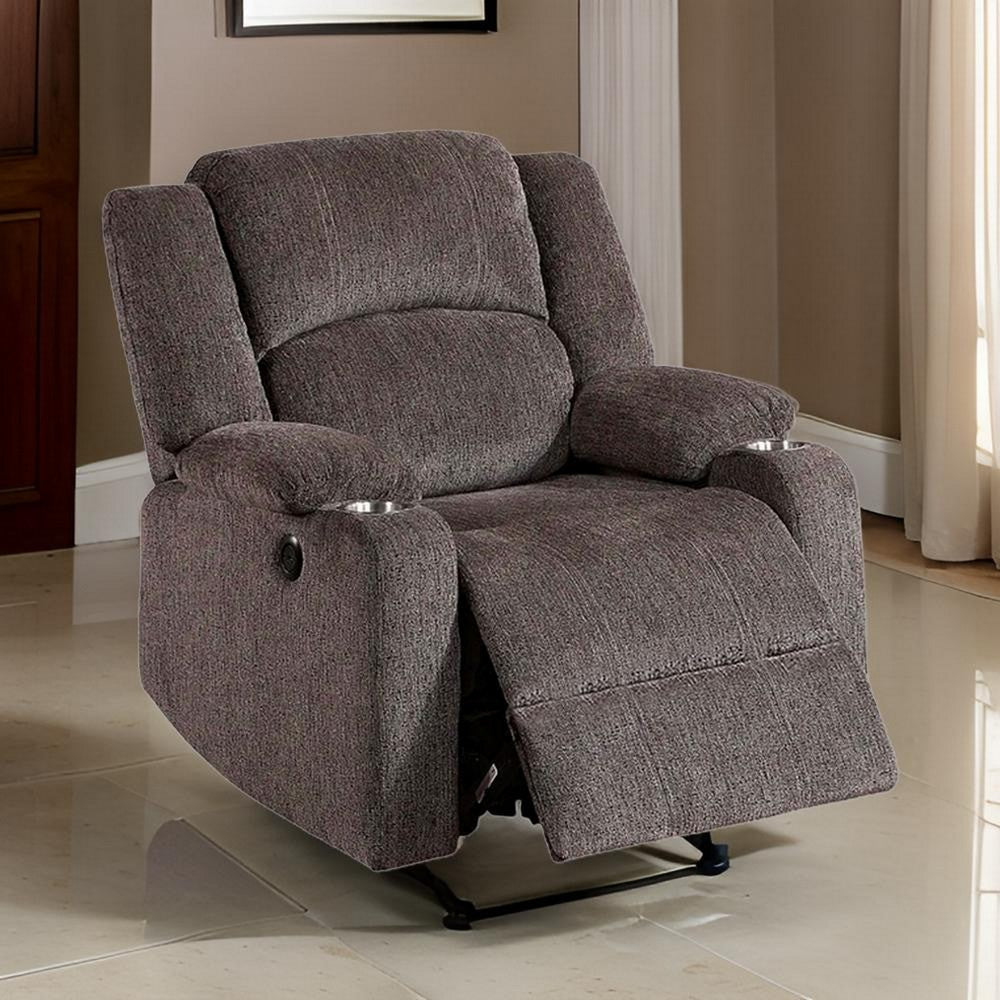 Finlo 40 Inch Power Recliner Chair, USB Port, Plush Brown Chenille Fabric By Casagear Home