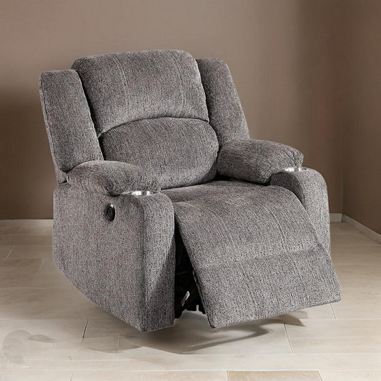 Finlo 40 Inch Power Recliner Chair, USB Port, Plush Gray Chenille Fabric By Casagear Home