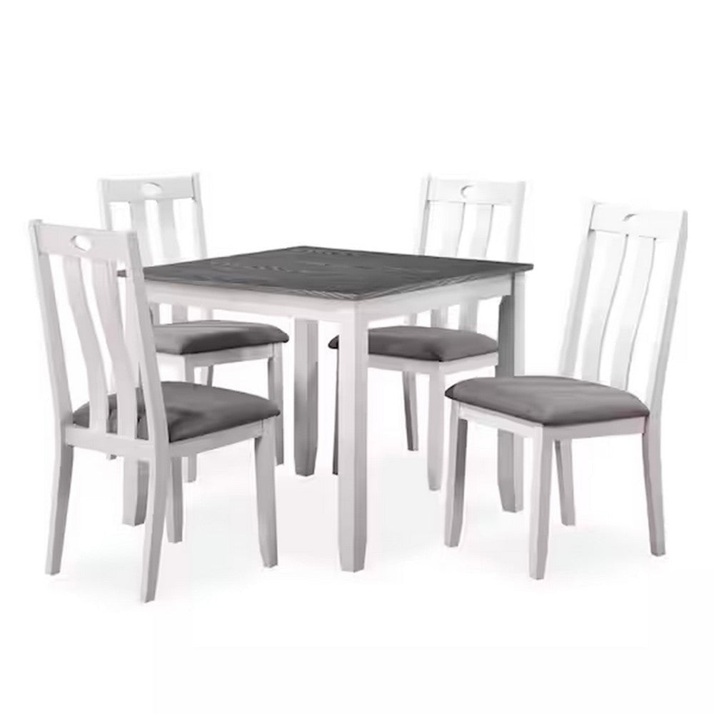 Helio 5 Piece Dining Table and Chairs Set White Wood Gray Fabric Seats By Casagear Home BM312308