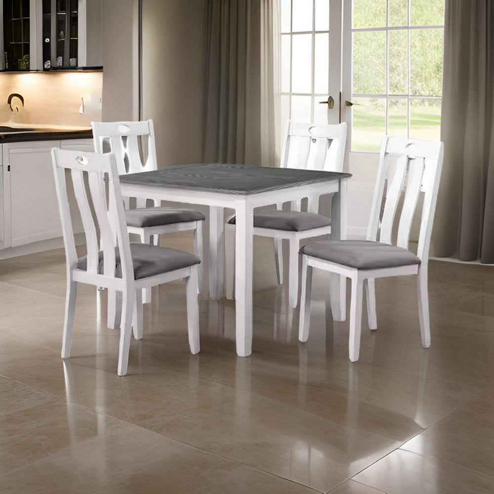 Helio 5 Piece Dining Table and Chairs Set White Wood Gray Fabric Seats By Casagear Home BM312308