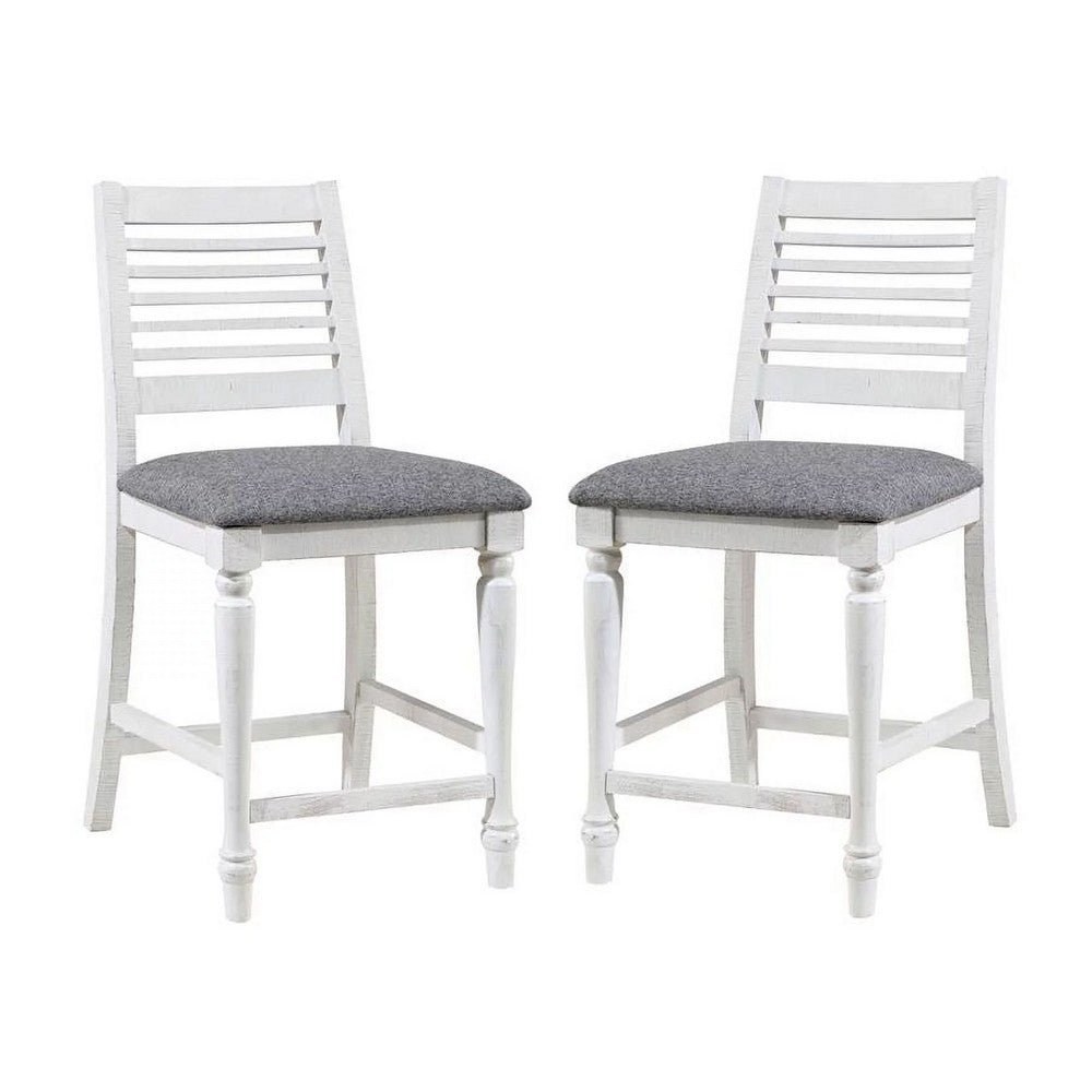 Wren 23 Inch Counter Height Chair Set of 2 Antique White Wood Gray Seat By Casagear Home BM312309