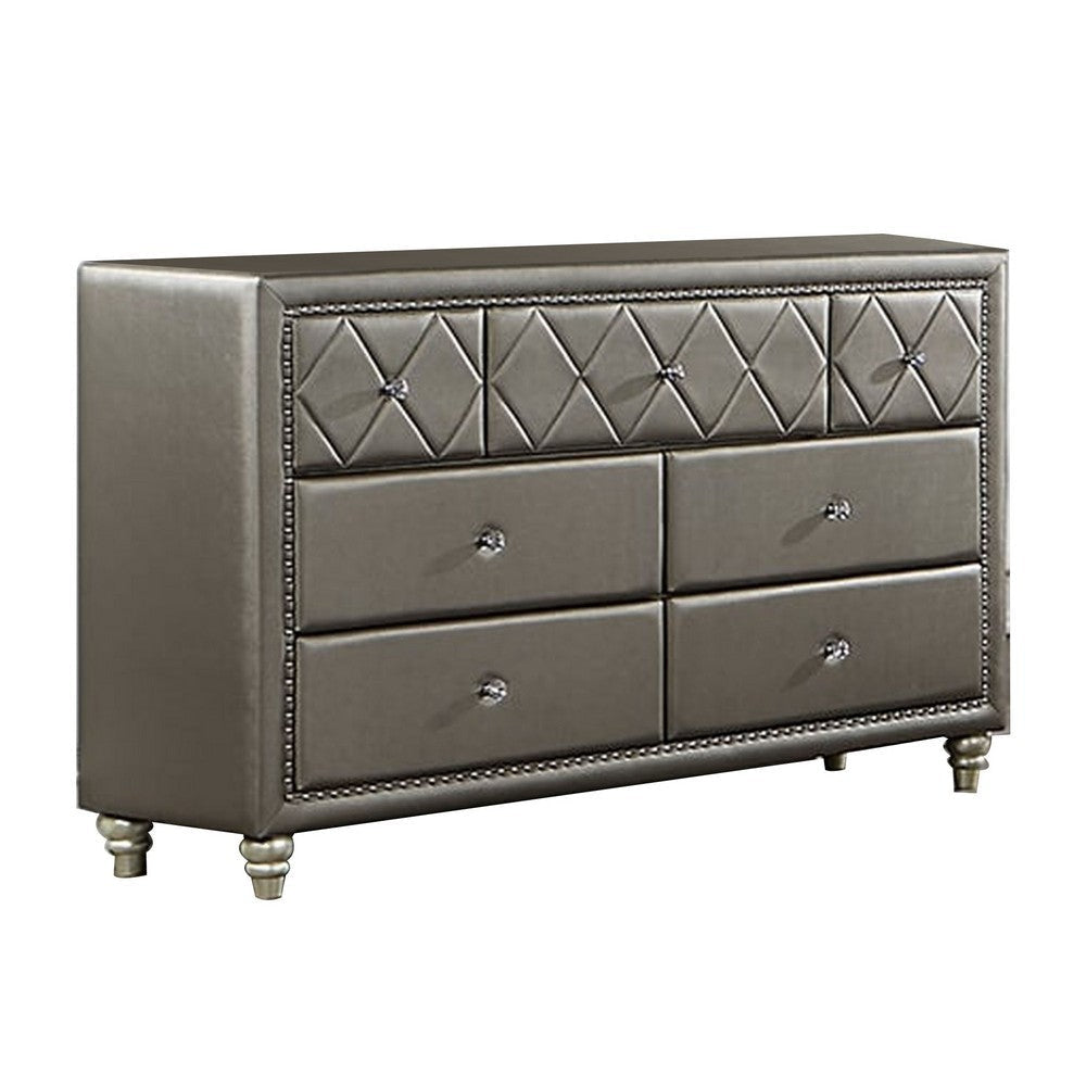 Seth 59 Inch Dresser, 7 Drawers, Solid Wood Frame, Tufted Gray Faux Leather By Casagear Home