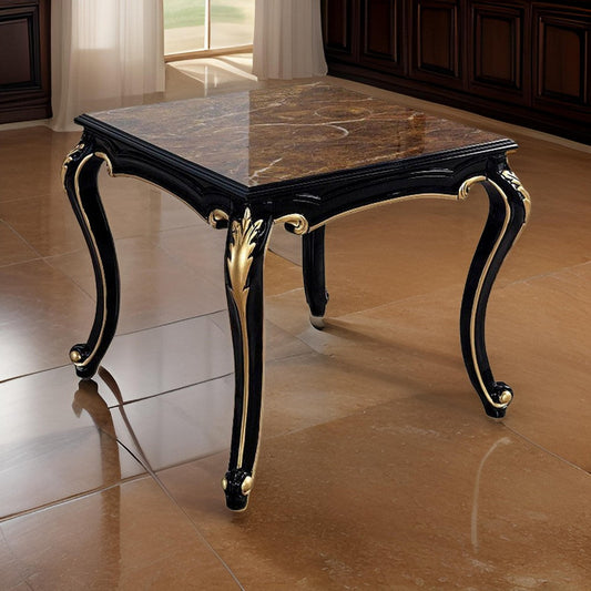 Trix 22 Inch Side End Table, Faux Stone, Carved Scrollwork, Black and Gold By Casagear Home