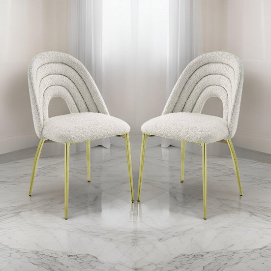 Inch 25 Inch Side Dining Chair Set of 2, White Teddy Sherpa, Gold Legs By Casagear Home