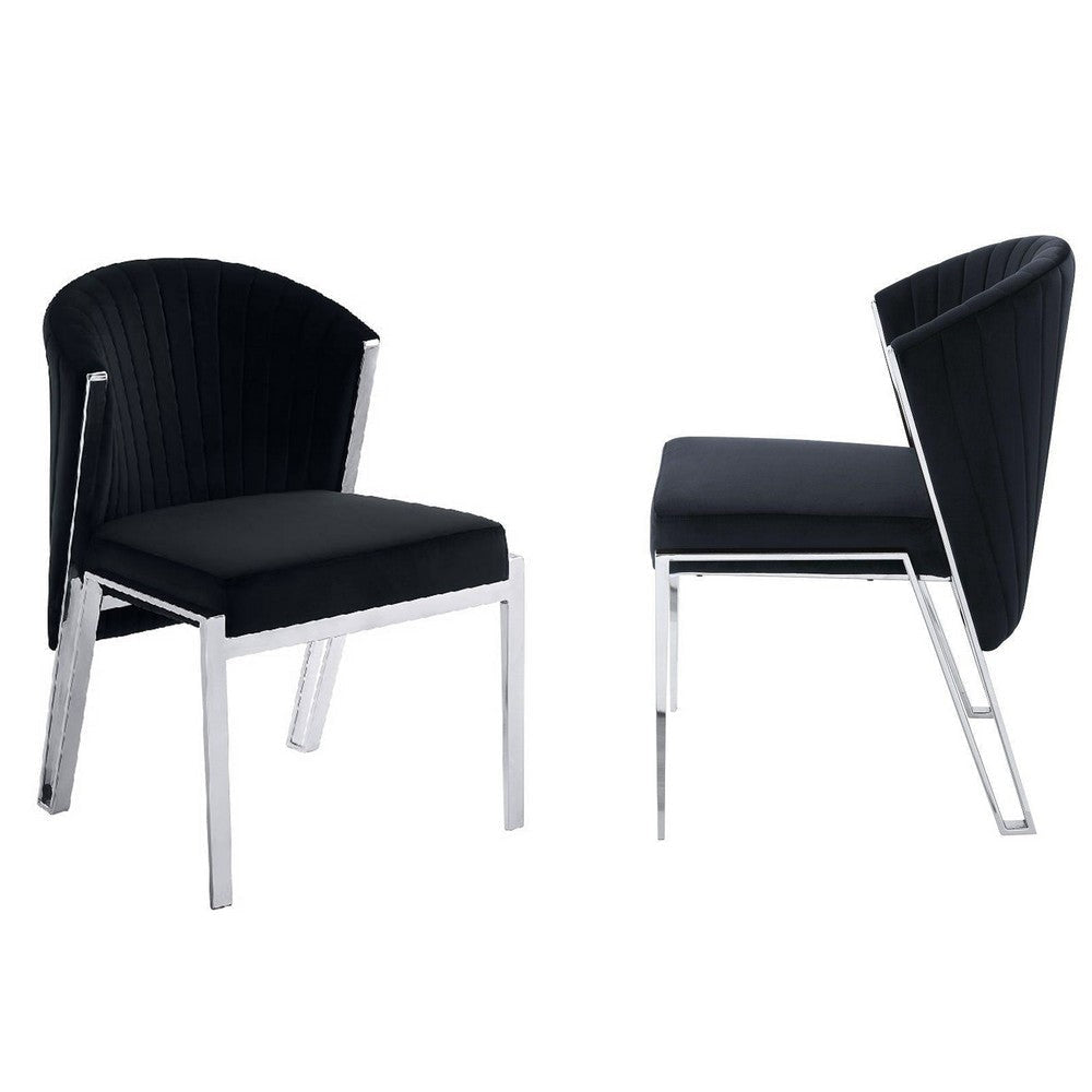 Verie 23 Inch Side Dining Chair Set of 2, Polished Chrome, Black Velvet By Casagear Home