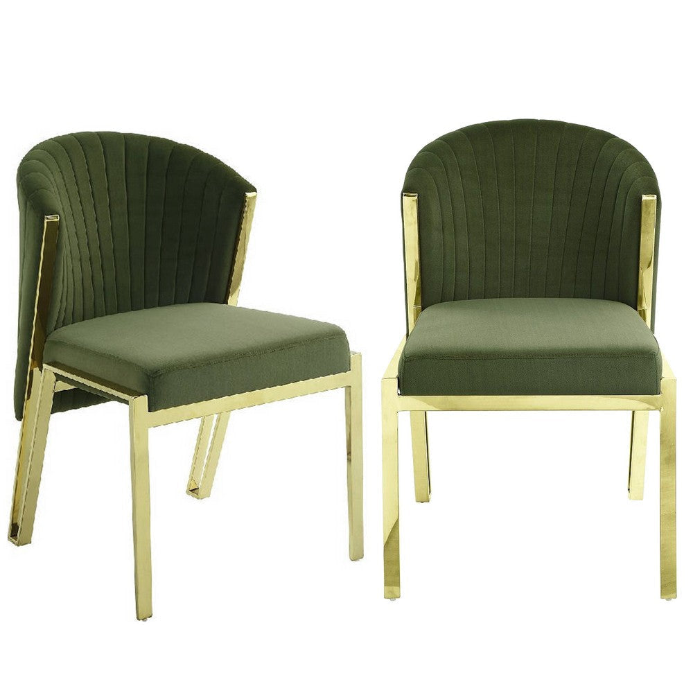 Verie 23 Inch Side Dining Chair Set of 2, Mirror Gold Steel, Green Velvet By Casagear Home