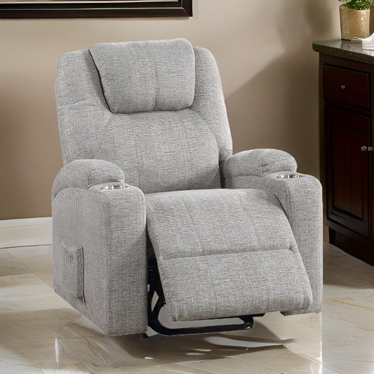 Evans 37 Inch Recliner Chair, Power Lift, Cupholders, Chenille, Light Gray By Casagear Home