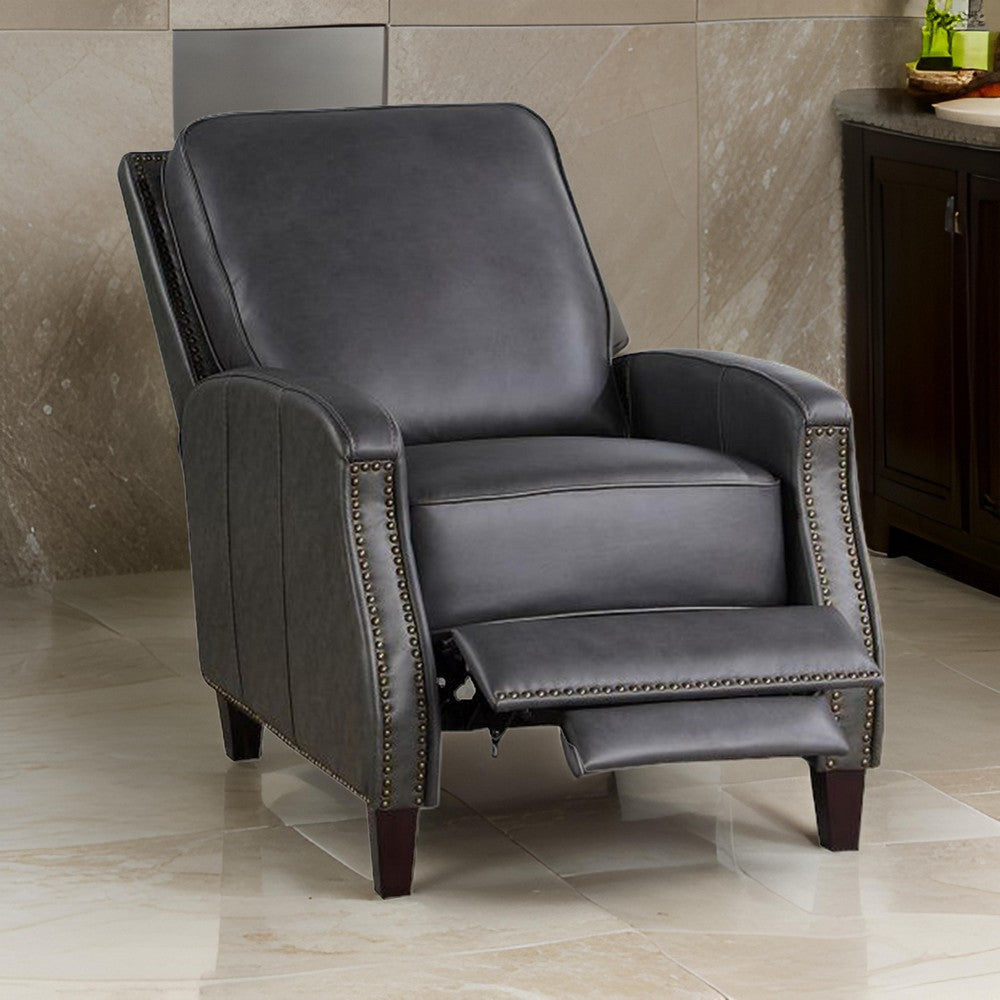 Enice 40 Inch Accent Chair with Footrest, Nailhead Trim, Dark Gray Leather By Casagear Home