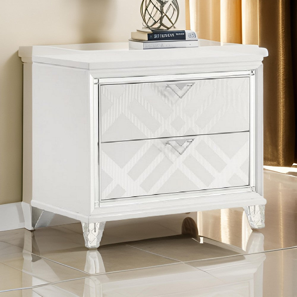 Kyla 31 Inch Nightstand, 2 Drawers, Mirror Trim, Clear Legs, White Wood By Casagear Home