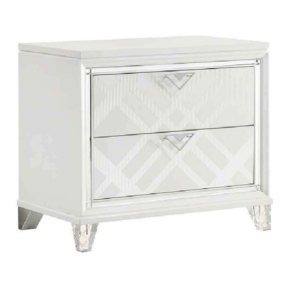 Kyla 31 Inch Nightstand 2 Drawers Mirror Trim Clear Legs White Wood By Casagear Home BM312362