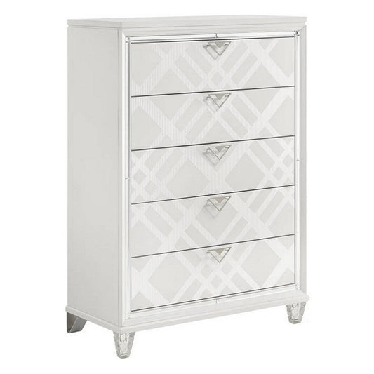 Kyla 55 Inch Tall Dresser Chest, 5 Drawer, Mirror Trim, White Wood Frame By Casagear Home