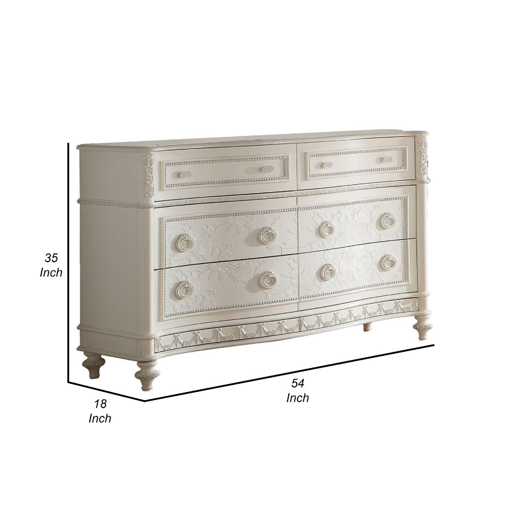 Dorie 54 Inch Wide Dresser 6 Drawers Oval Molded Trim Ivory White Wood By Casagear Home BM312366