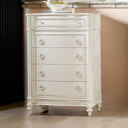 Dorie 52 Inch Tall Dresser Chest, 5 Drawers, Molded Trim, Ivory White Wood By Casagear Home