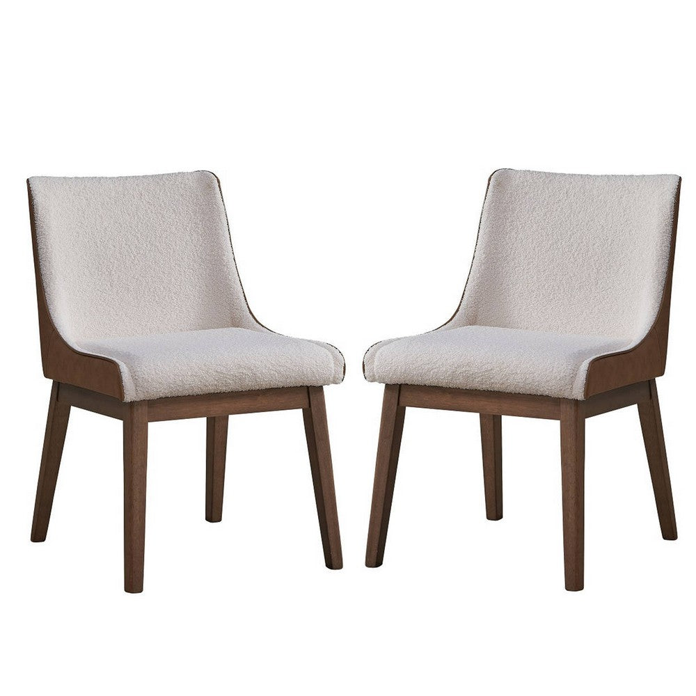 25 Inch Side Dining Chair Set of 2 Wingback White Boucle Walnut Brown By Casagear Home BM312370