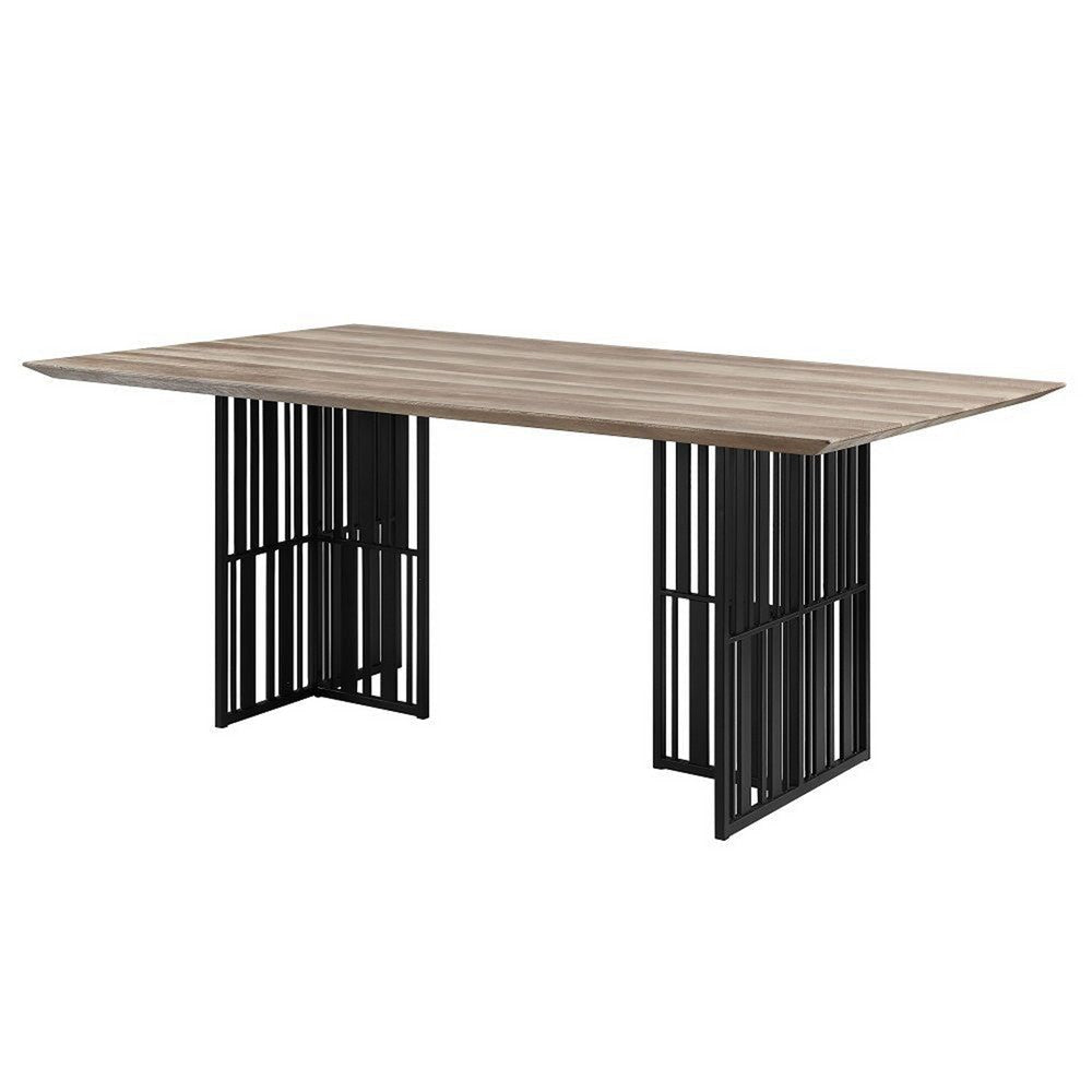 Nori 72 Inch Dining Table, Distressed Brown Top, Black Metal Slatted Base By Casagear Home