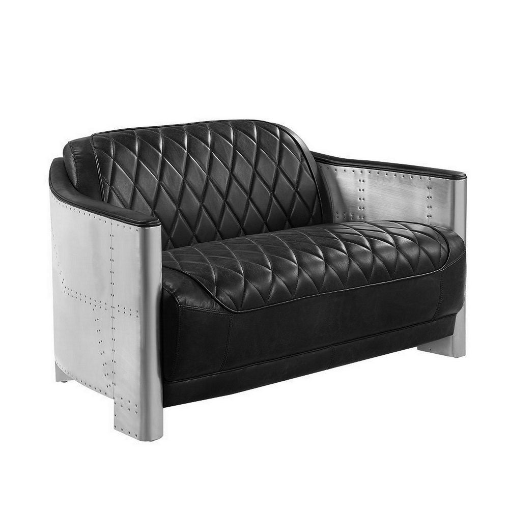 Filia 50 Inch Loveseat, Black Top Grain Leather Upholstery, Gray Metal By Casagear Home