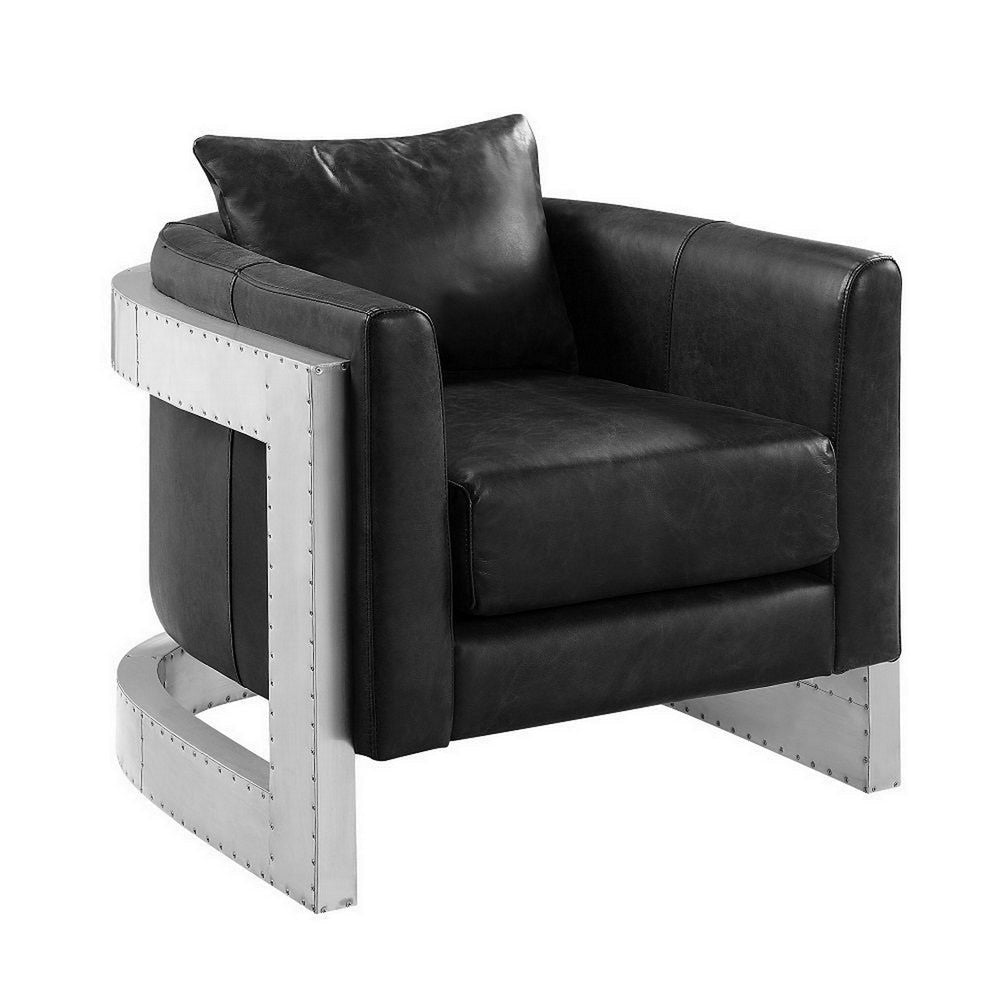 Jane 33 Inch Accent Chair, Black Top Grain Leather, Silver Metal Legs By Casagear Home