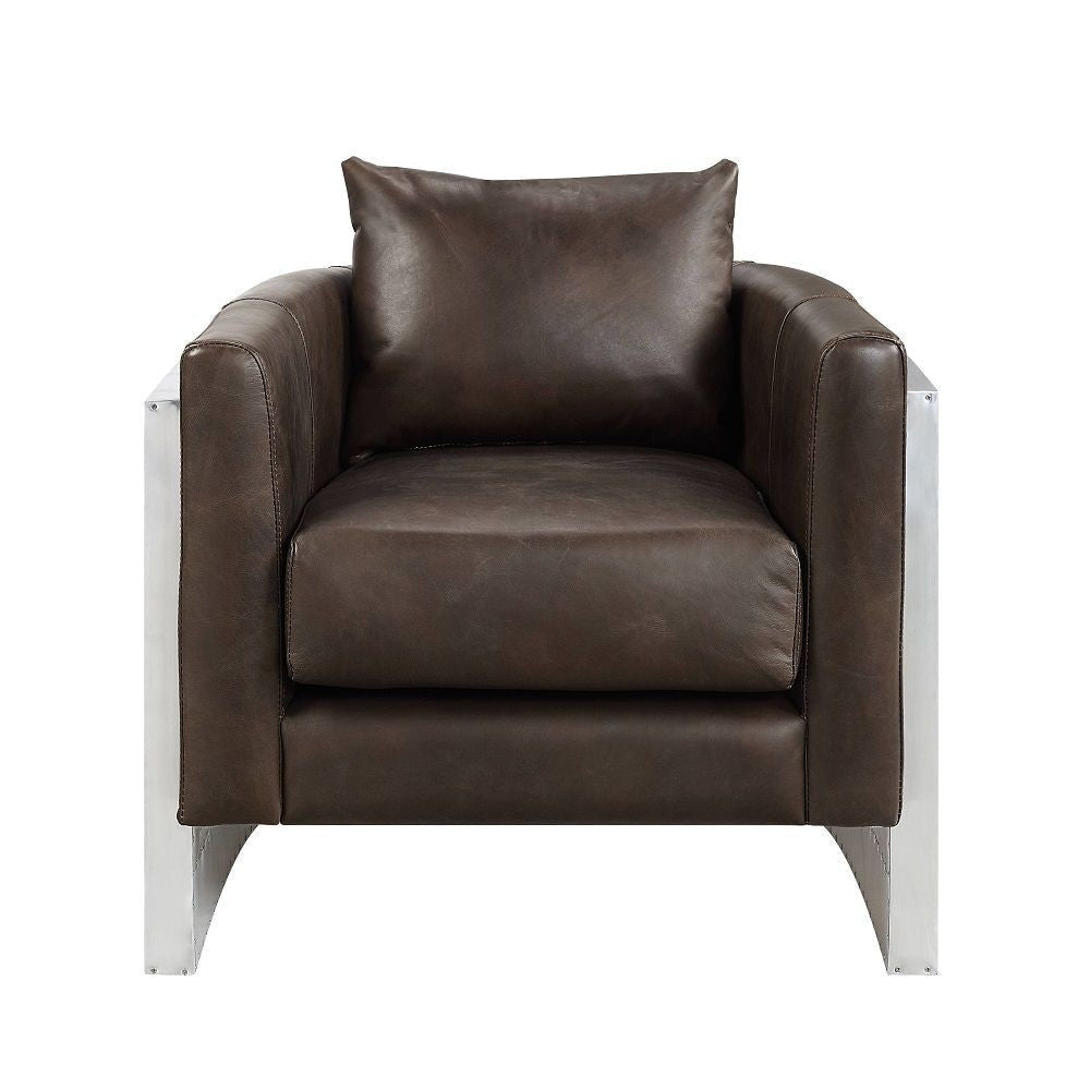 Jane 33 Inch Accent Chair Espresso Top Grain Leather Silver Metal Legs By Casagear Home BM312402