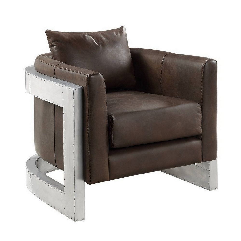 Jane 33 Inch Accent Chair Espresso Top Grain Leather Silver Metal Legs By Casagear Home BM312402