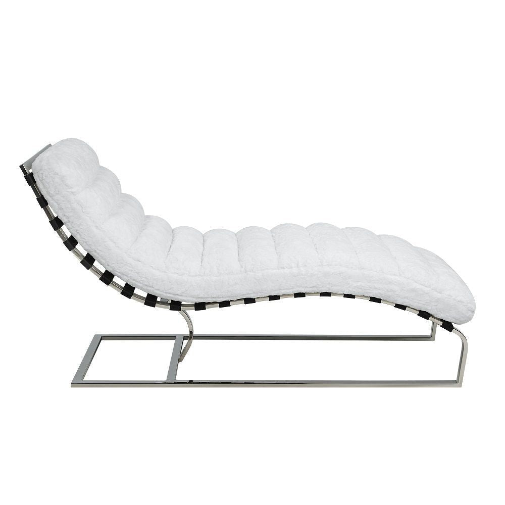 60 Inch Chaise Lounger White Teddy Sherpa Upholstery Stainless Steel Legs By Casagear Home BM312403