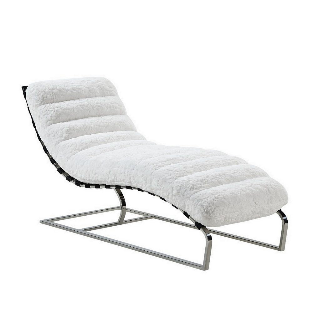 60 Inch Chaise Lounger, White Teddy Sherpa Upholstery, Stainless Steel Legs By Casagear Home