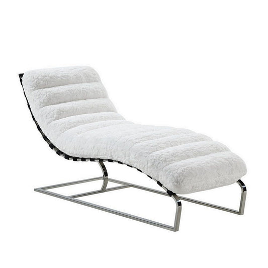 60 Inch Chaise Lounger, White Teddy Sherpa Upholstery, Stainless Steel Legs By Casagear Home