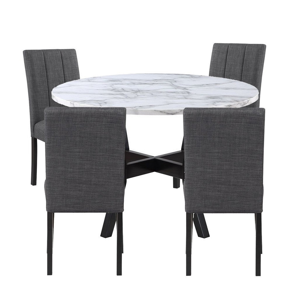 5 Piece Dining Table and Chairs Set, Black Wood, Fabric, Faux Stone Top By Casagear Home