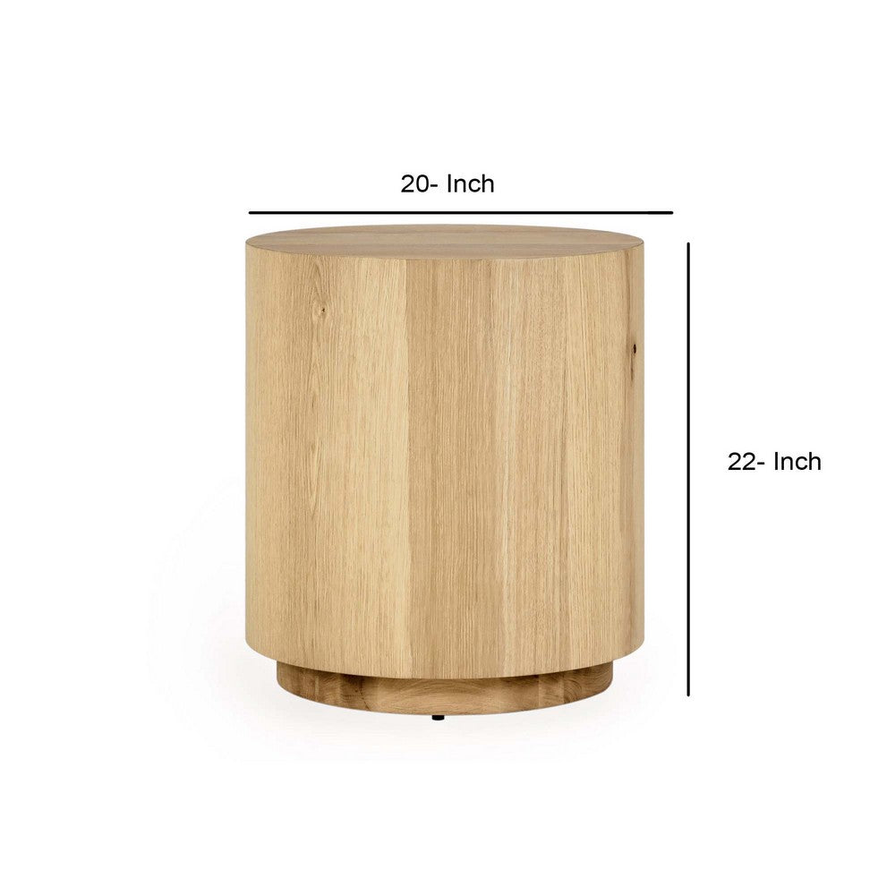 Cecil 22 Inch Side End Table Round Oak Veneer Plinth Base Light Brown By Casagear Home BM312425