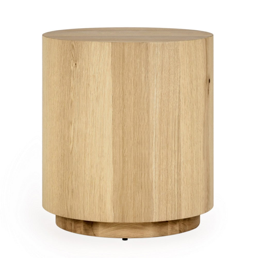 Cecil 22 Inch Side End Table Round Oak Veneer Plinth Base Light Brown By Casagear Home BM312425