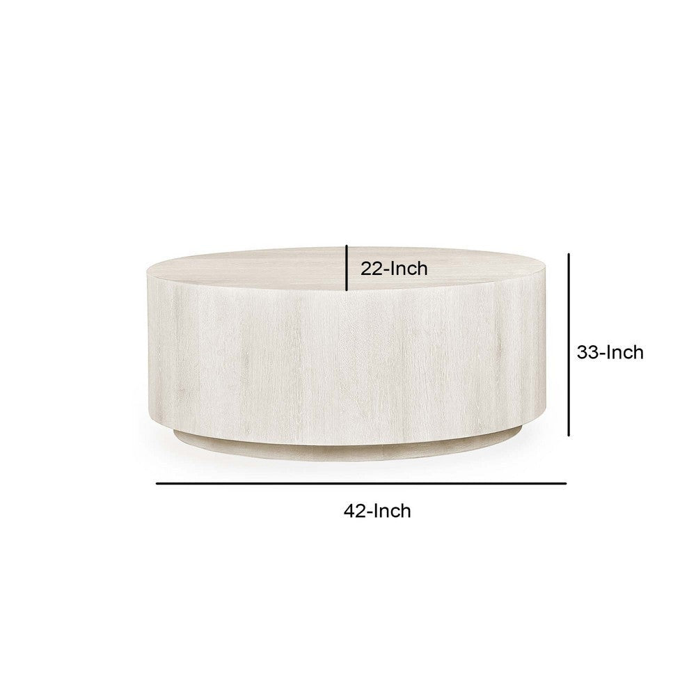 Cecil 42 Inch Coffee Table Round Oak Veneer Plinth Base White Wash By Casagear Home BM312432