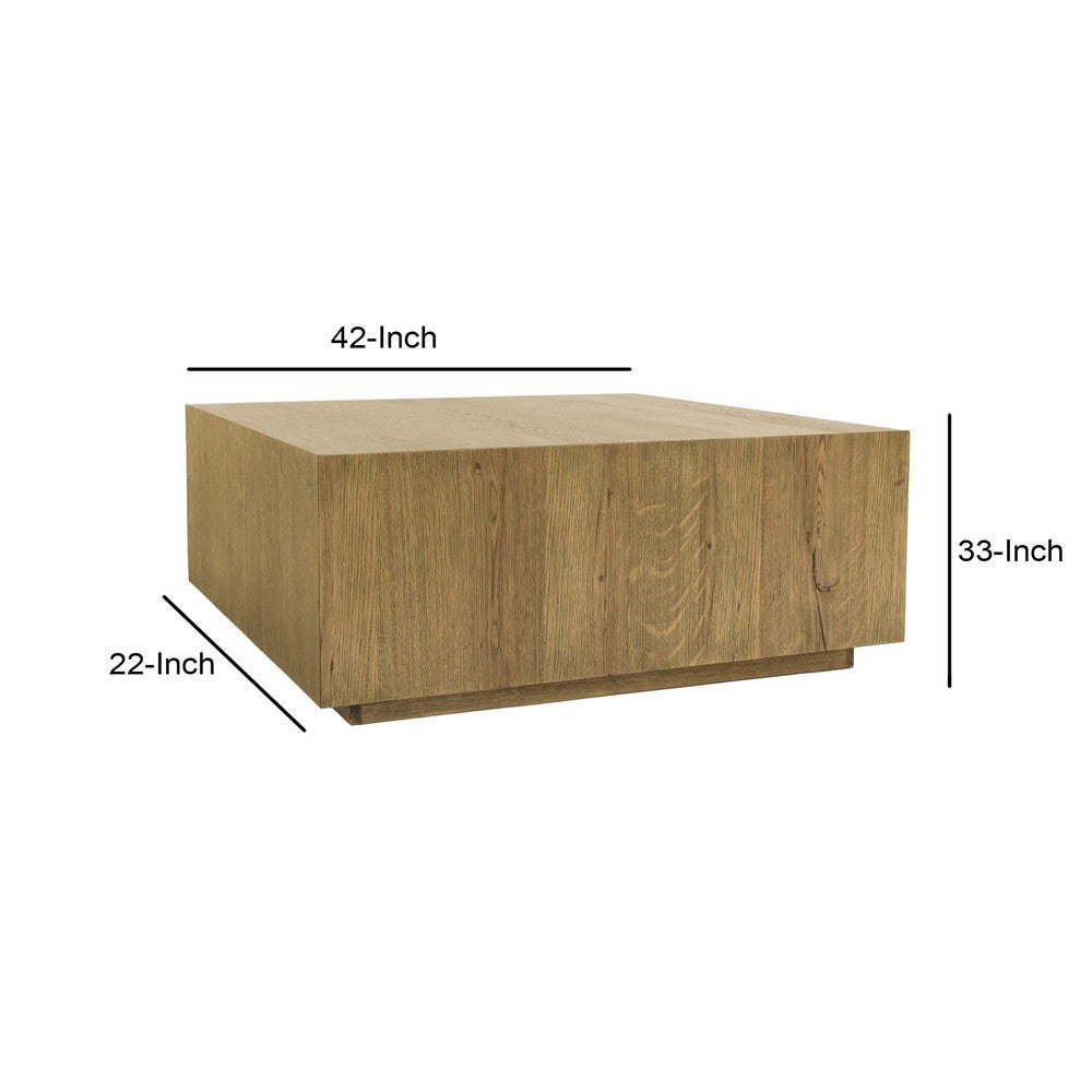 Cecil 42 Inch Coffee Table Square Oak Veneer Plinth Base Warm Brown By Casagear Home BM312433