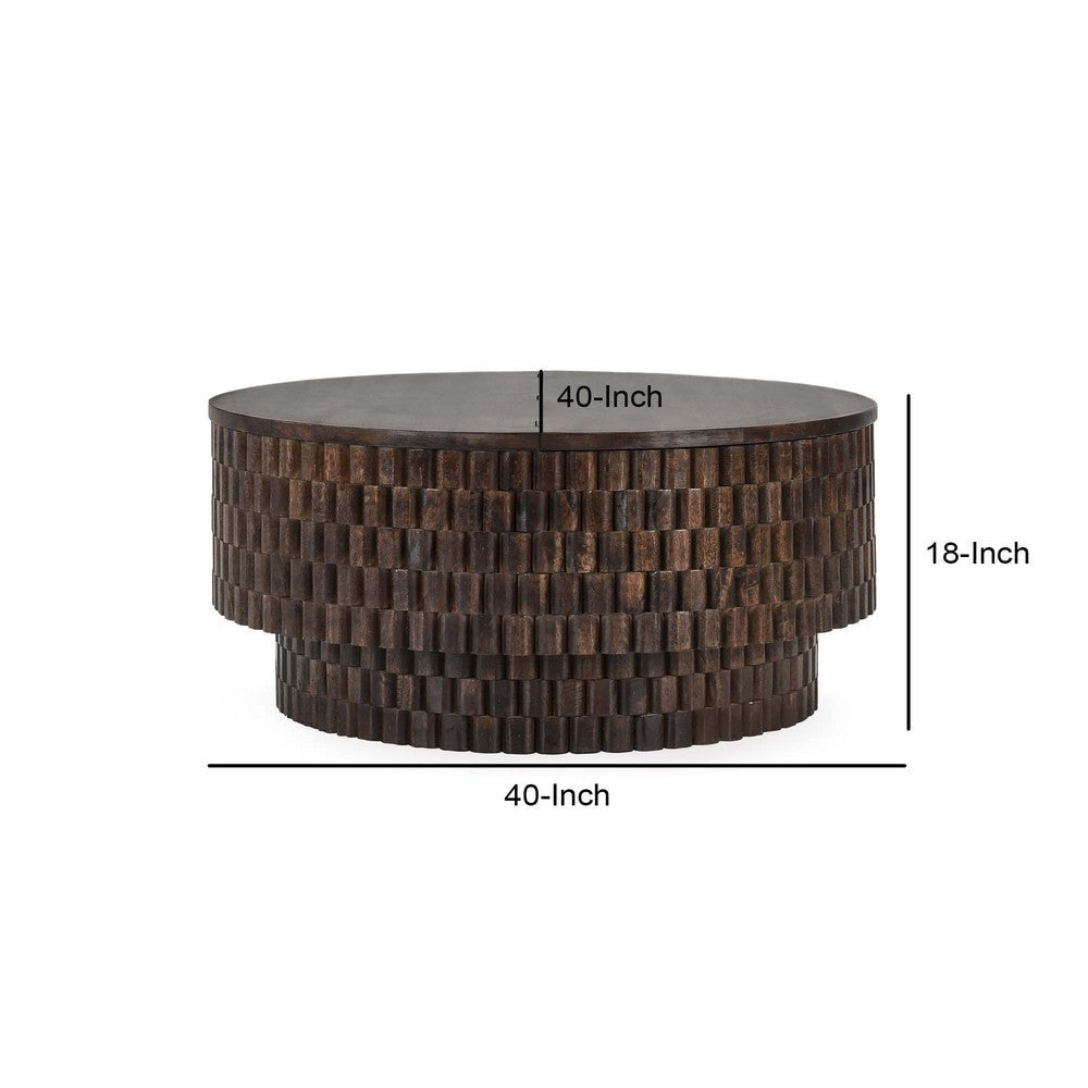 Cetril 40 Inch Round Coffee Table Platform Plinth Base Brown Mango Wood By Casagear Home BM312437