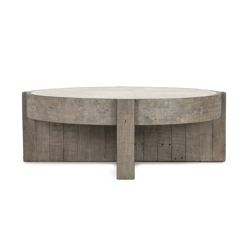 Vivel 52 Inch Coffee Table, Round Reclaimed Pine Wood Top, Crossed Base By Casagear Home