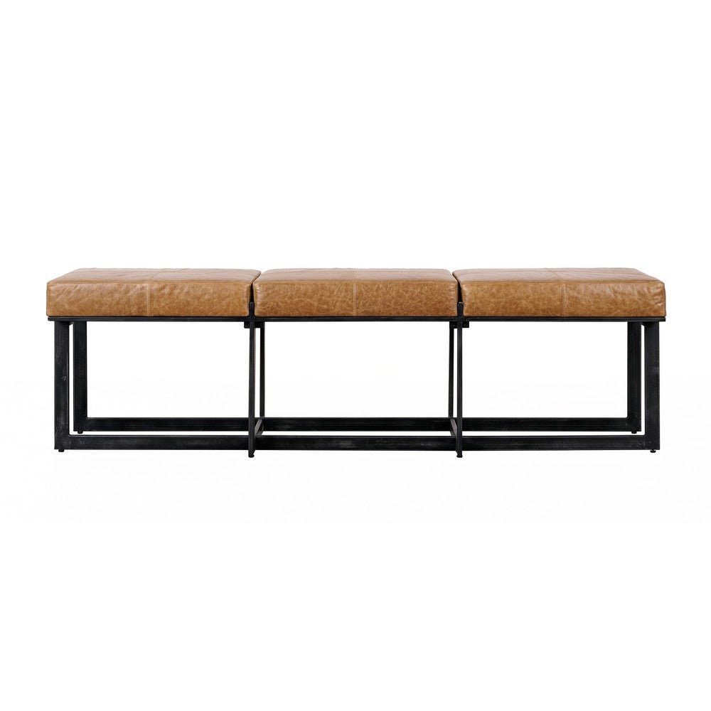 Windy 62 Inch Narrow Accent Bench Brown Top Grain Leather Black Iron By Casagear Home BM312445