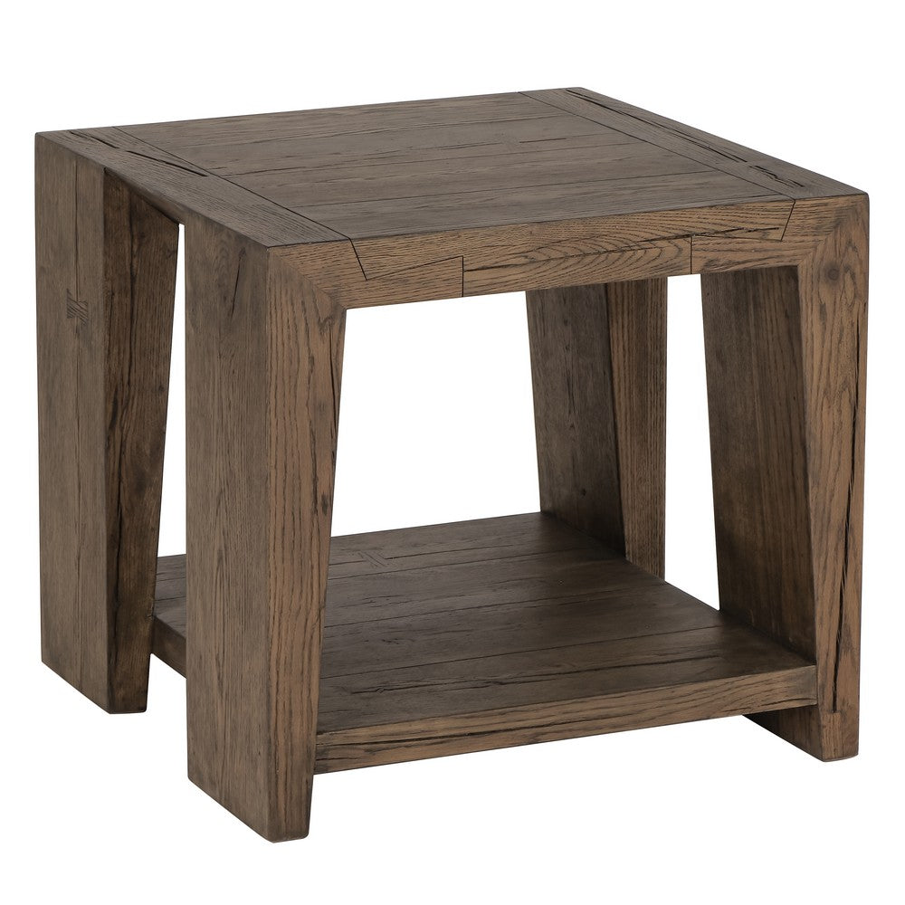 Hendri 24 Inch Side End Table Square Oak Wood Frame Shelf Antique Brown By Casagear Home BM312448