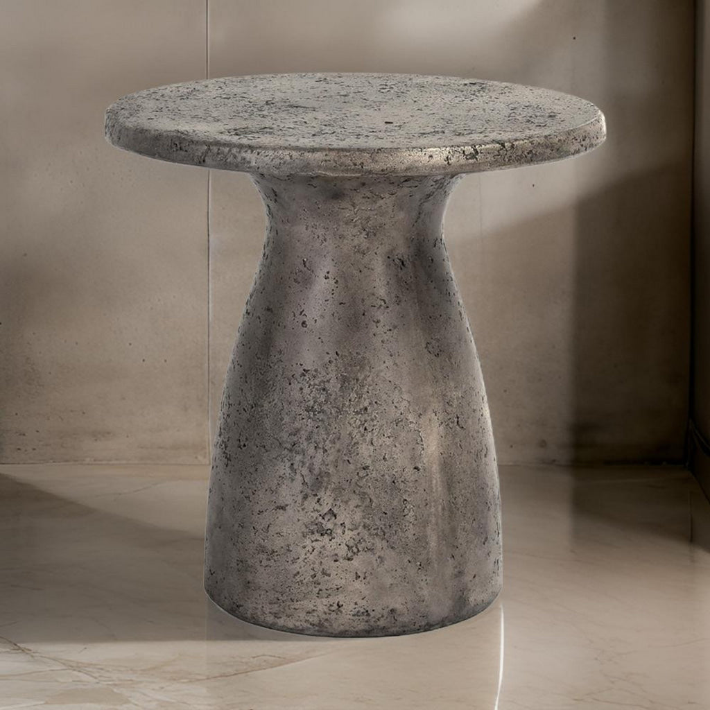 Kole 16 Inch Outdoor Accent Side Table, Concrete Round Top, Dark Gray By Casagear Home