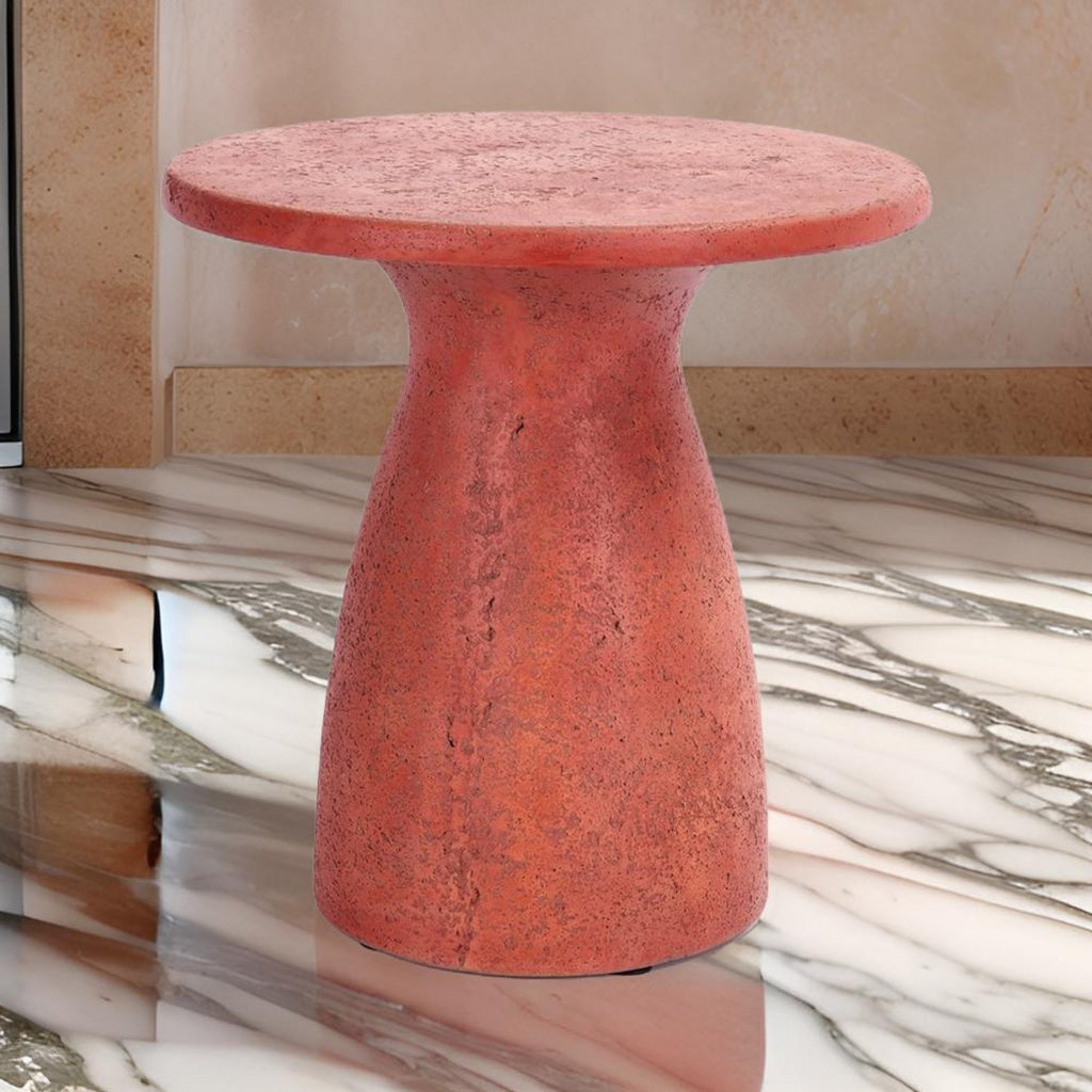 Kole 16 Inch Outdoor Accent Side Table, Concrete Round Top and Base, Red By Casagear Home