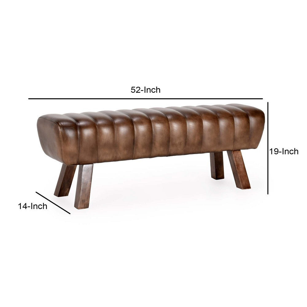 52 Inch Accent Bench Buffalo Leather Seat Tufted Design Brown Mango Wood By Casagear Home BM312455