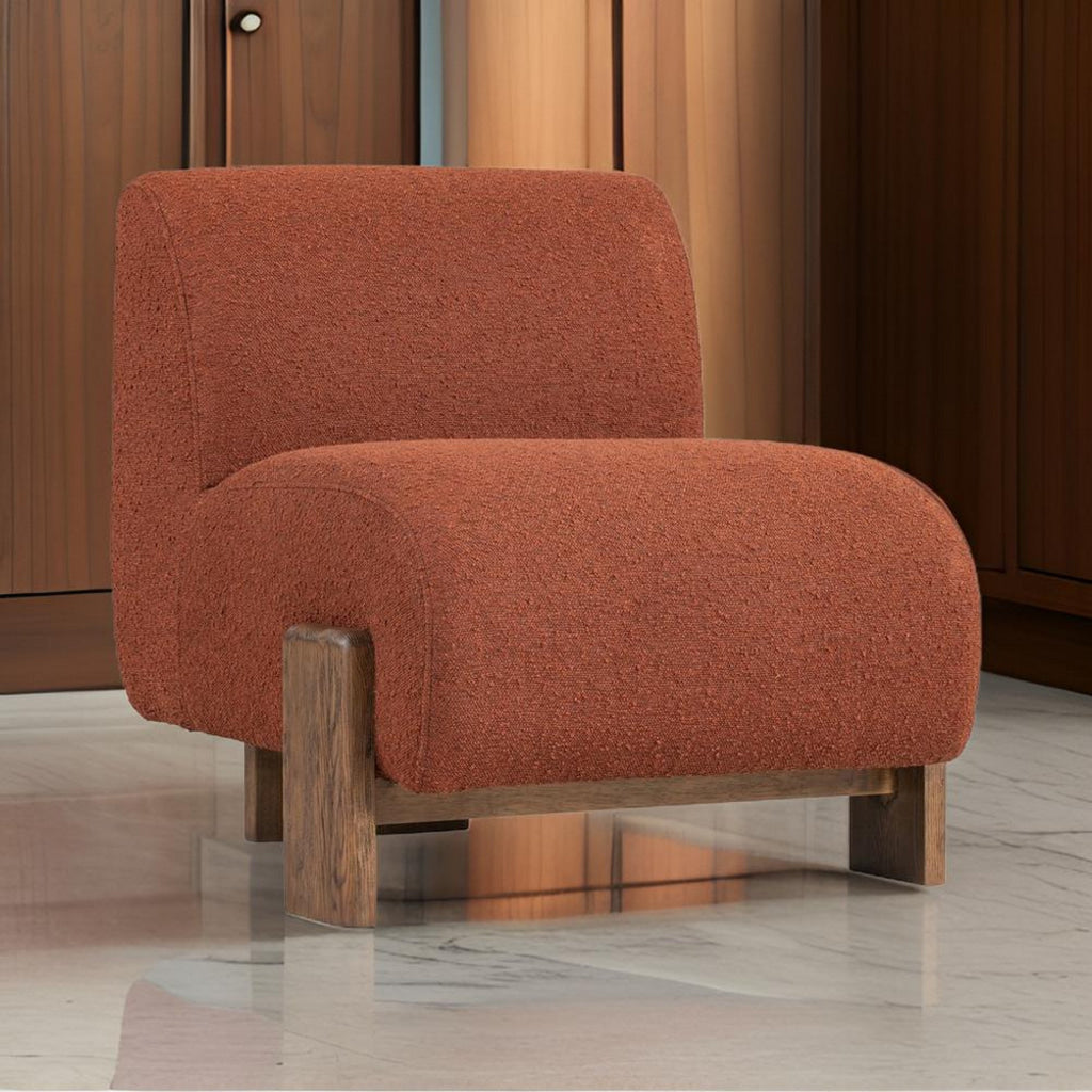 Soha 34 Inch Accent Chair, Polyester Upholstery in Rust Red, Brown Ash Wood By Casagear Home