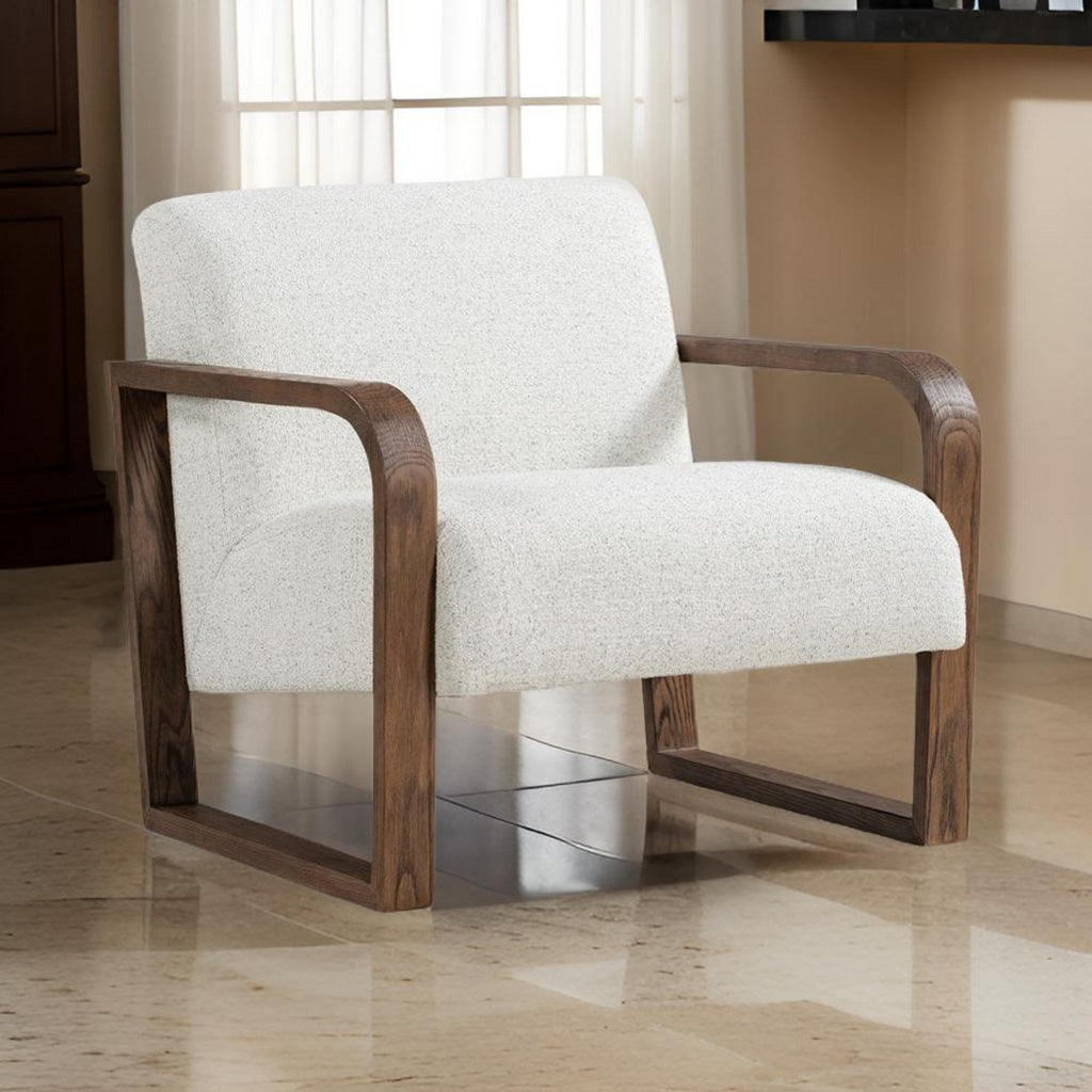 34 Inch Accent Chair, White Polyester Upholstery, Ash Wood Frame, Brown By Casagear Home